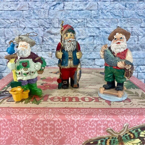 Ceramic Santa Ornaments Set of 3 Outdoorsman Collectible Holiday Decor - Picture 1 of 7